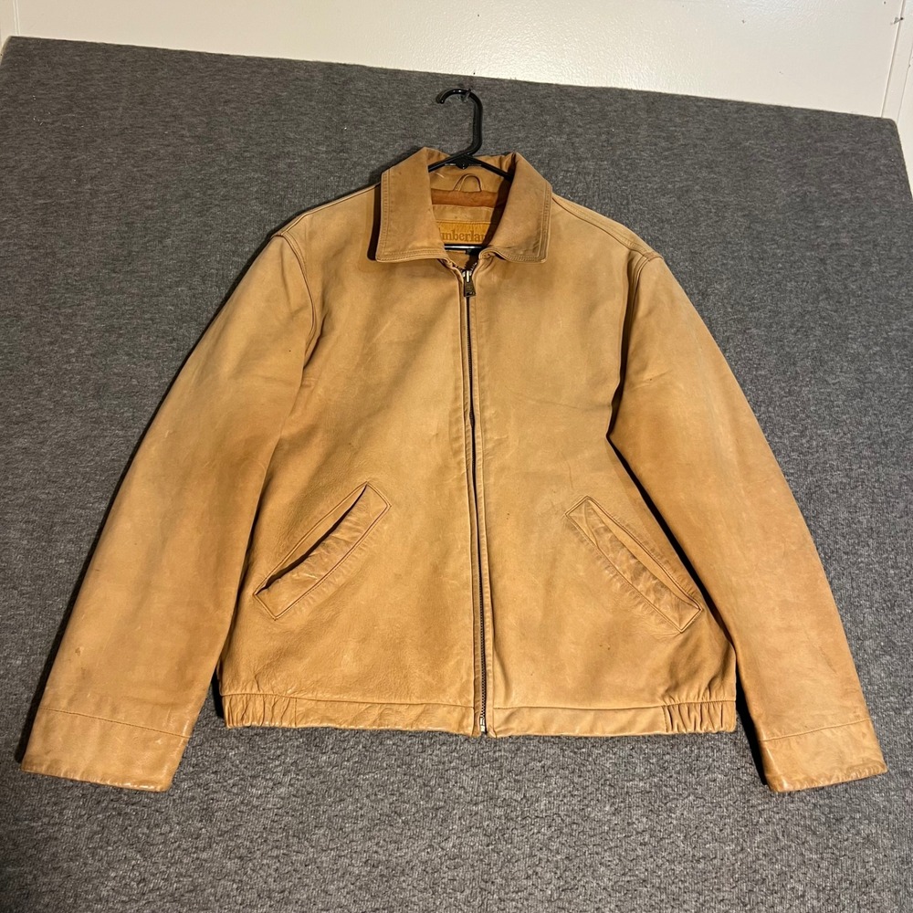 Timberland Weathergear Mens Medium Wheat Cowhide Leather Bomber Jacket Full Zip